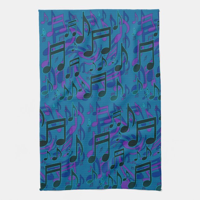 Lively Dancing Music Notes Blue Green Upbeat Tea Towel (Vertical)