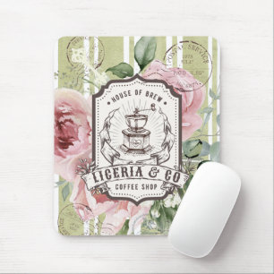 Lively desk decor Pink floral Vintage coffee logo Mouse Pad