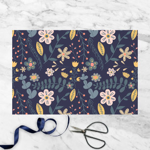 Lively Folk Art Flowers and Leaves on Navy Blue Tissue Paper