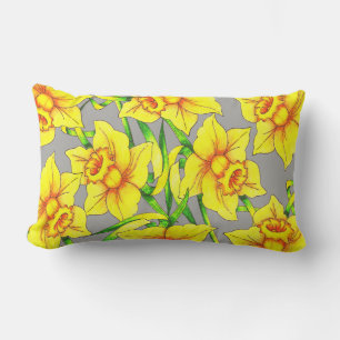 Lively Golden Spring Daffodils & Grey Monogram Lumbar Cushion