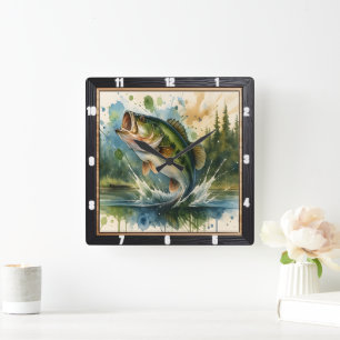 Lively Jumping Bass Lake Square Wall Clock