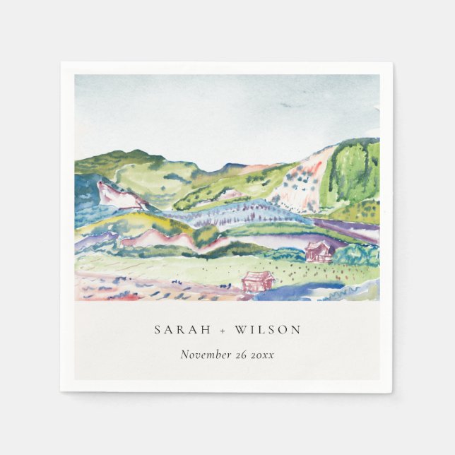 Lively Mountain Scape Blush Watercolor Wedding Napkin (Front)