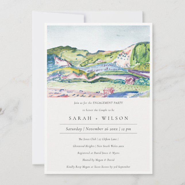 Lively Mountain Scape Watercolor Engagement Invite (Front)