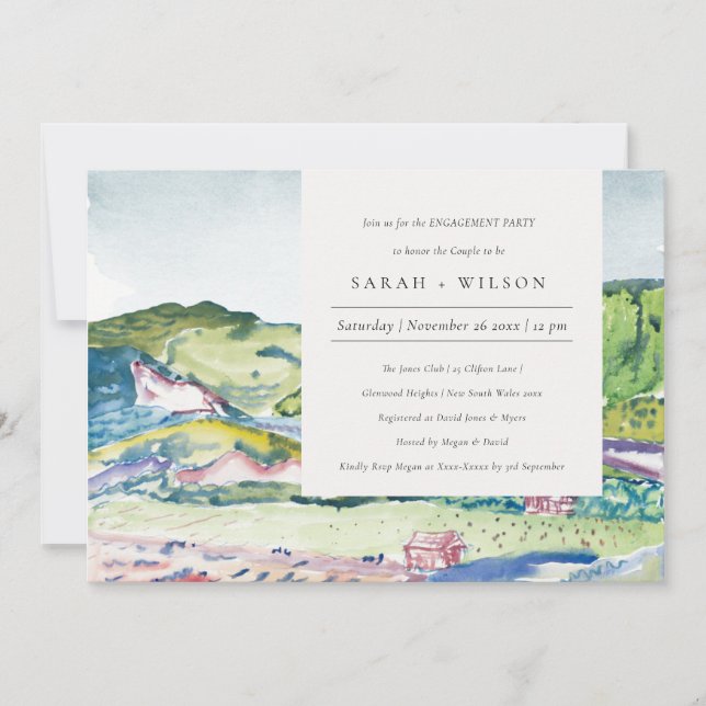Lively Mountain Scape Watercolor Engagement Invite (Front)