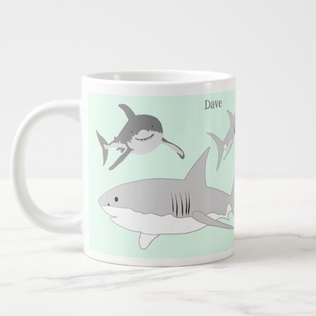 Lively Ocean Sharks Green Illustration Large Coffee Mug (Left)