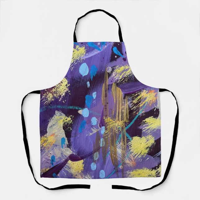 Lively purple, blue, and gold abstract art holiday apron (Front)