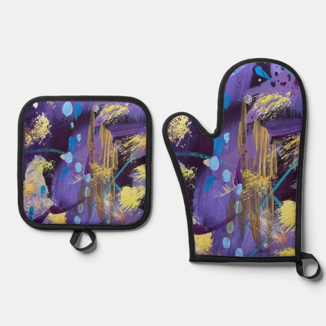 Lively purple, blue, and gold abstract art holiday oven mitt & pot holder set (Front)