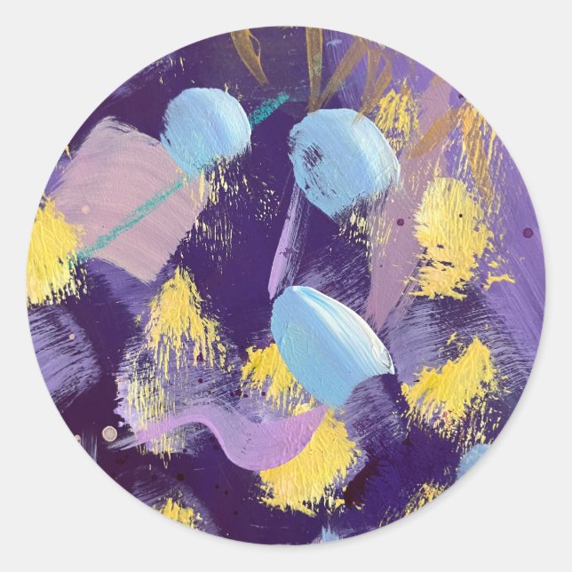 Lively Purple, Blue, and Yellow Abstract Art Classic Round Sticker (Front)