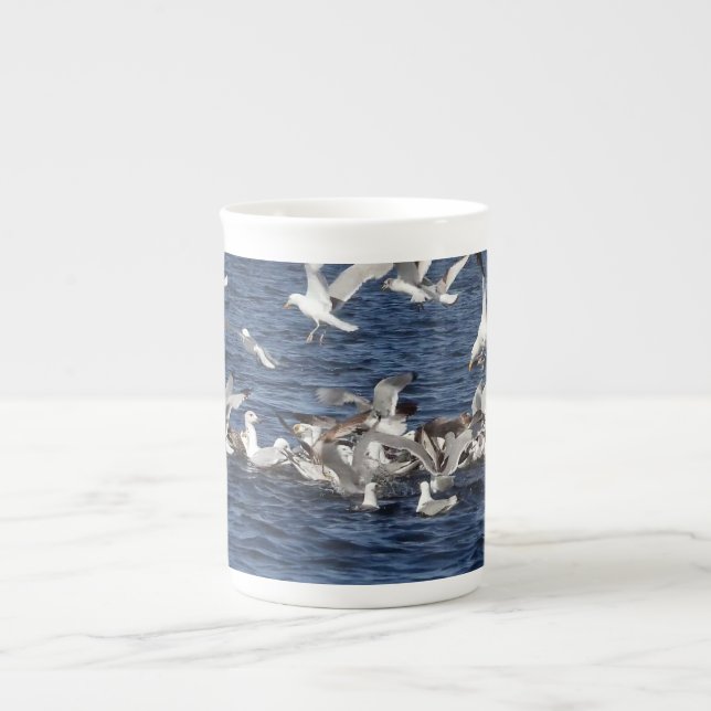 Lively Seagulls Hunting Sand Eels Ocean Nature Art Bone China Mug (Front)
