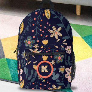 Lively Whimsical Flowers and Leaves on Navy Blue Printed Backpack
