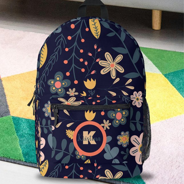 Lively Whimsical Flowers and Leaves on Navy Blue  Printed Backpack (Creator Uploaded)