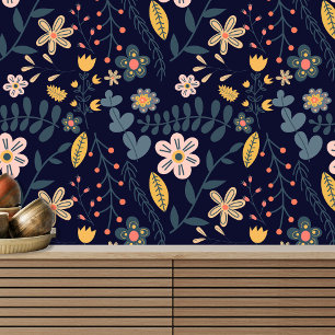 Lively Whimsical Flowers and Leaves on Navy Blue Wallpaper