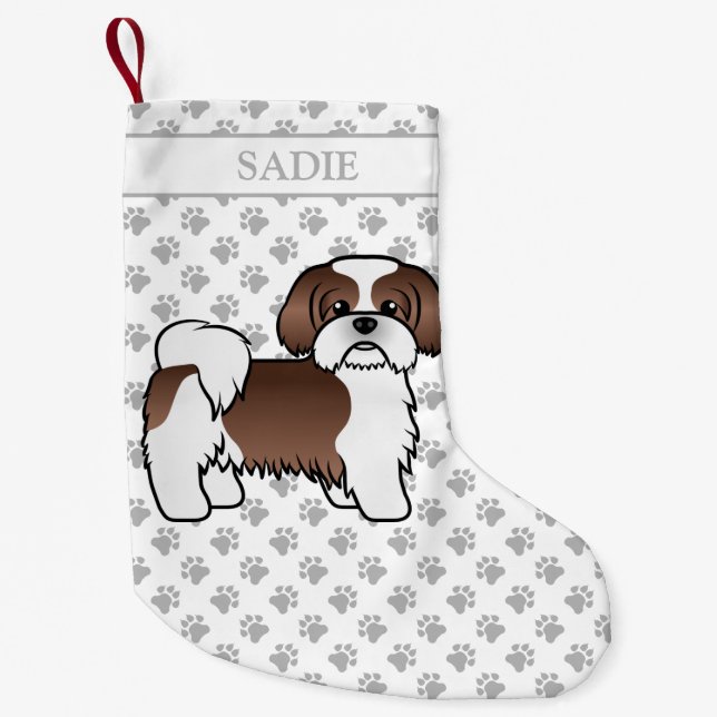 Liver And White Shih Tzu Cartoon Dog & Name Small Christmas Stocking (Front)