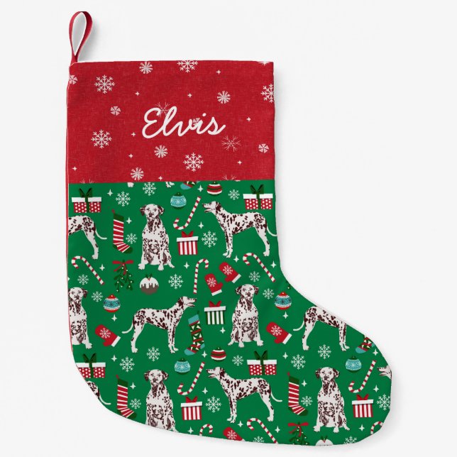 Liver Dalmatian Dog Custom name Small Christmas Stocking (Front)