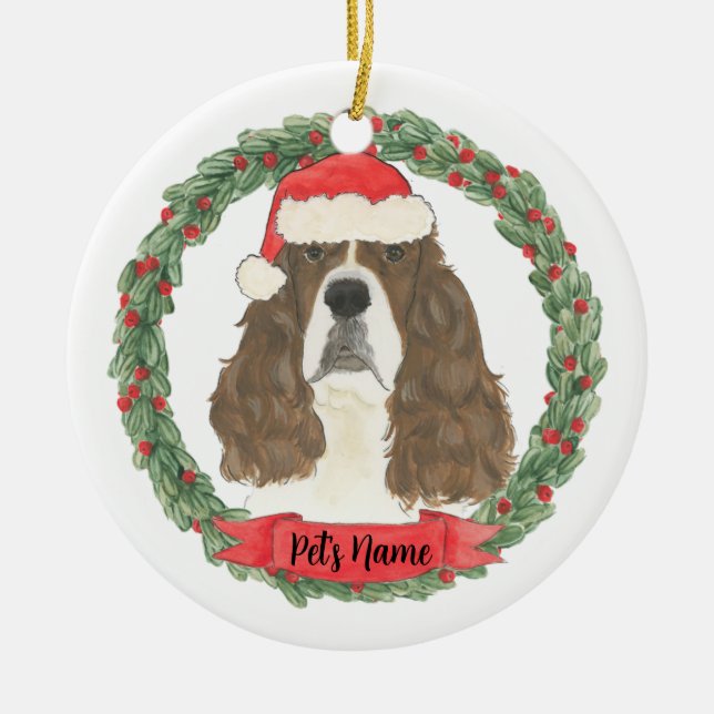 Liver & White English Springer Spaniel Christmas Ceramic Ornament (Front)