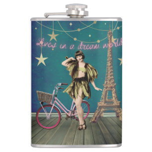 Lives In A Dream World Funky Altered Art   Hip Flask