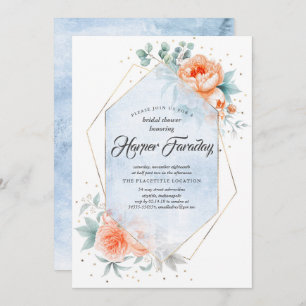 Living Coral and Dusty Blue Floral Bridal Shower Invitation