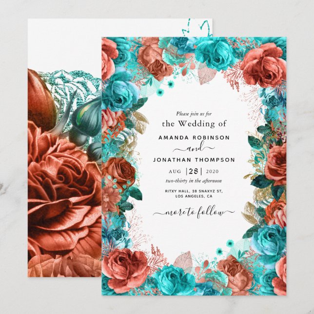 Living Coral and Teal Wedding Invitation (Front/Back)