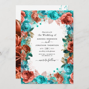 Living Coral and Teal Wedding Invitation