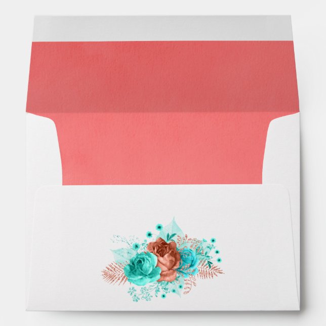 Living Coral and Turquoise Floral Wedding Envelope (Back (Bottom))