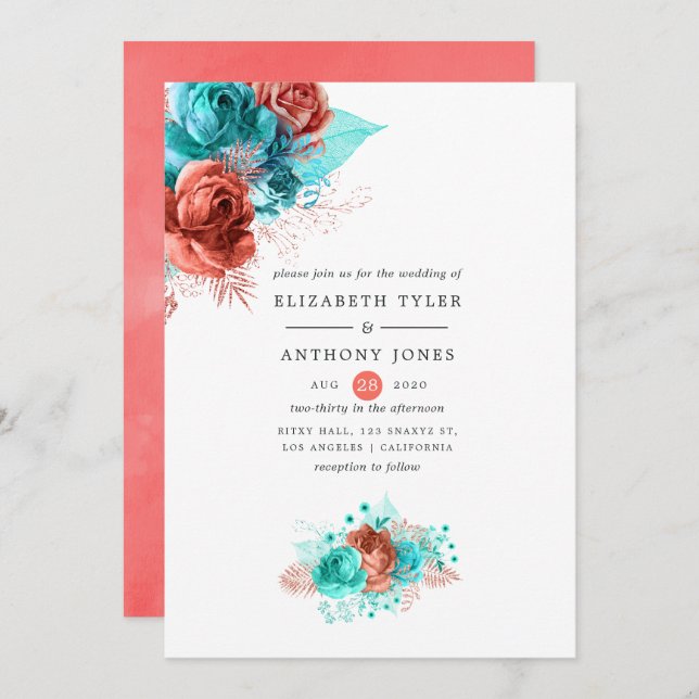 Living Coral and Turquoise Floral Wedding Invitation (Front/Back)