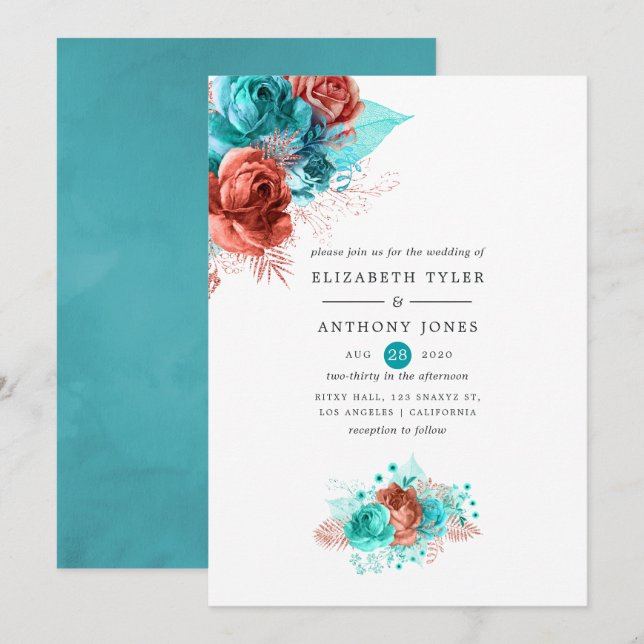 Living Coral and Turquoise Floral Wedding Invitation (Front/Back)
