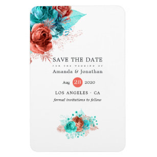 Living Coral and Turquoise Wedding Save the Date Magnet