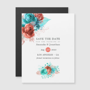 Living Coral and Turquoise Wedding Save the Date Magnetic Invitation