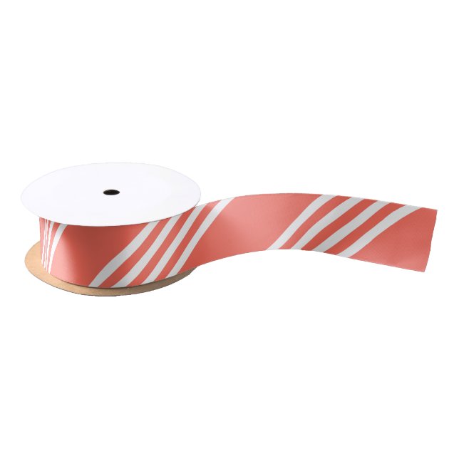 Living coral and white four stripes pattern satin ribbon (Spool)