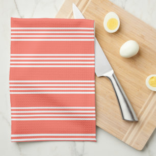 Living coral and white four stripes pattern tea towel
