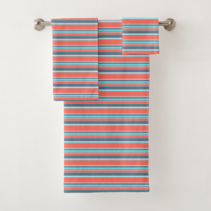 Living coral, blue and grey stripes bath towel set