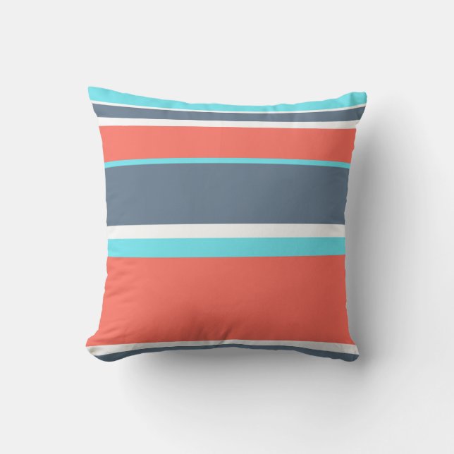 Living coral, blue and grey stripes cushion (Front)