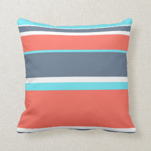 Living coral, blue and grey stripes cushion