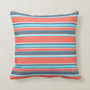 Living coral, blue and grey stripes cushion