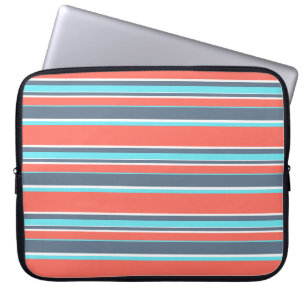 Living coral, blue and grey stripes laptop sleeve