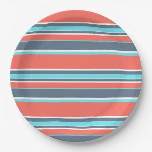 Living coral, blue and grey stripes paper plate