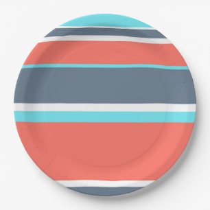 Living coral, blue and grey stripes paper plate