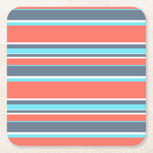 Living coral, blue and grey stripes square paper coaster