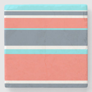 Living coral, blue and grey stripes stone coaster