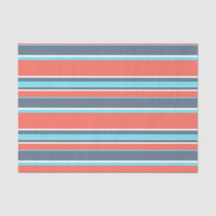 Living coral, blue and grey stripes tissue paper