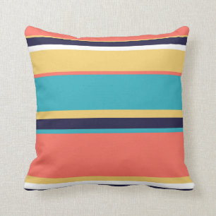 Living coral, blue and yellow stripes cushion
