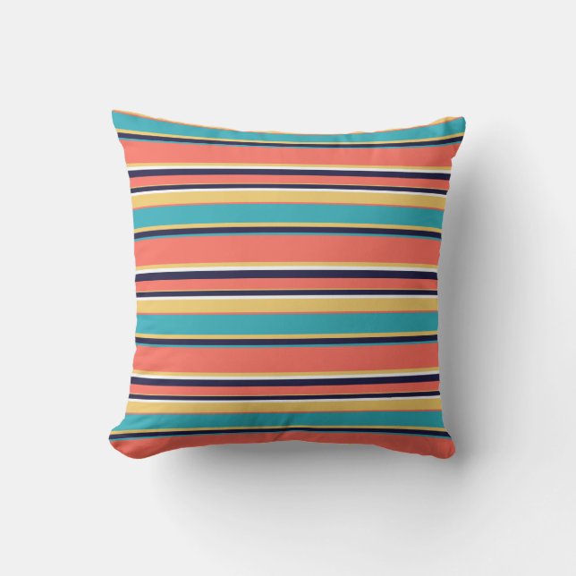 Living coral, blue and yellow stripes cushion (Front)