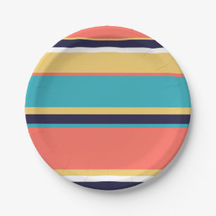 Living coral, blue and yellow stripes paper plate