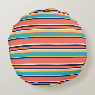 Living coral, blue and yellow stripes round cushion