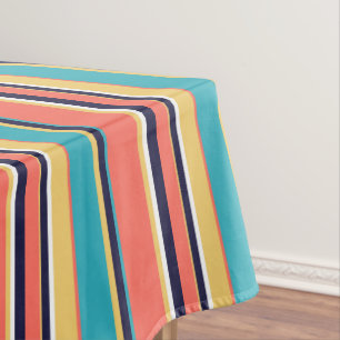 Living coral, blue and yellow stripes tablecloth