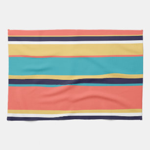 Living coral, blue and yellow stripes tea towel