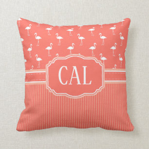 Living Coral Colour Flamingo and Stripe Monogram Cushion