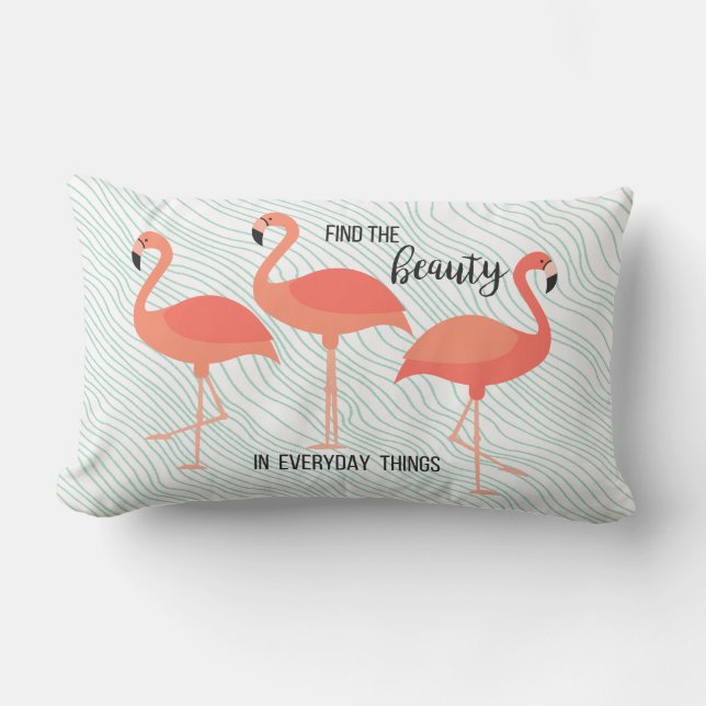 Living Coral Colour Flamingos on Ice Green Ripple Lumbar Cushion (Front)