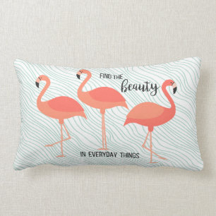 Living Coral Colour Flamingos on Ice Green Ripple Lumbar Cushion
