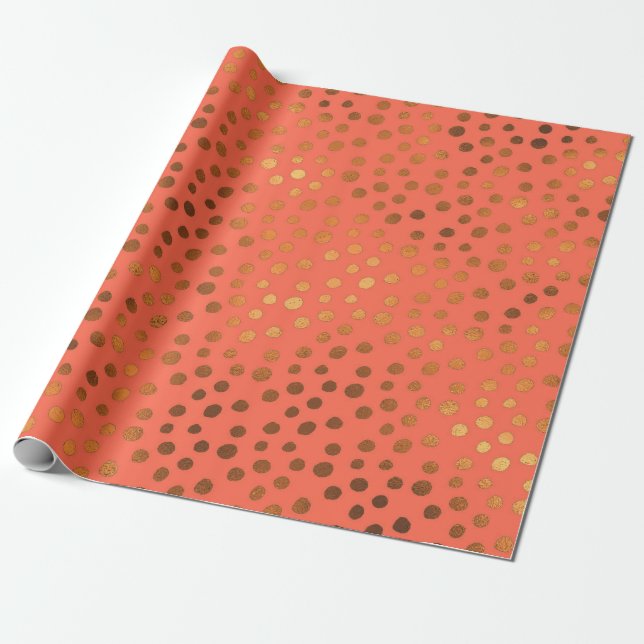 Living Coral Colour of 2019 Trendy Copper Dots Wrapping Paper (Unrolled)